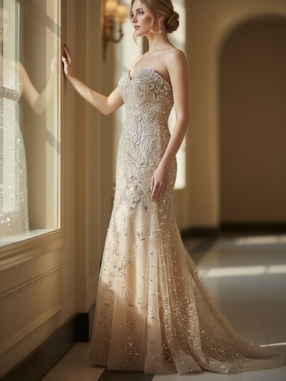 Sparkling Strapless nude Gown with Sequins/chiffon siz xsm NWT